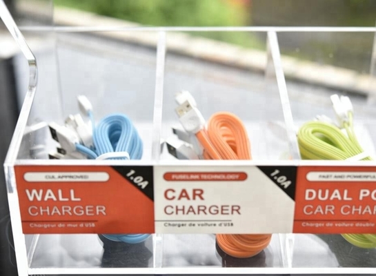 Acrylic Aksesori Ponsel Tampilan Berdiri Untuk Kabel Usb Kristal Polishing