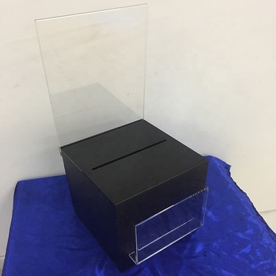 Frosty Hitam Dikunci Kotak Display Akrilik / Kotak Sumbangan Perspex Dengan Pemegang Kartu Tanda
