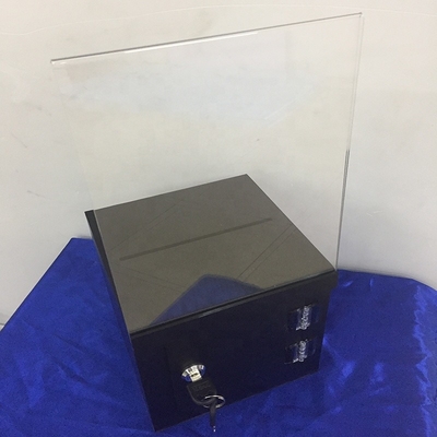 Frosty Hitam Dikunci Kotak Display Akrilik / Kotak Sumbangan Perspex Dengan Pemegang Kartu Tanda