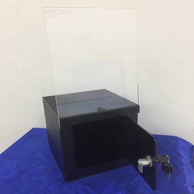 Frosty Hitam Dikunci Kotak Display Akrilik / Kotak Sumbangan Perspex Dengan Pemegang Kartu Tanda
