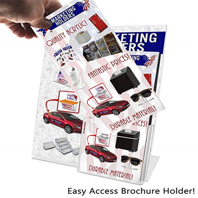 Miring Akrilik Kembali Masukkan Countertop Sign Holder 8.5 X 11 Inci Dengan Saku Brosur