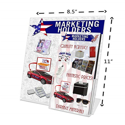 Miring Akrilik Kembali Masukkan Countertop Sign Holder 8.5 X 11 Inci Dengan Saku Brosur
